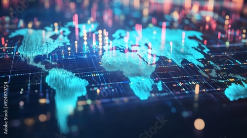 Global Network and Connectivity: A Digital World Map - This image symbolizes global connectivity, data flow, digitalization, technological advancement, and interconnectedness.