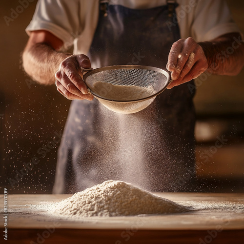 Close-Up of a Male Baker Sifting Flour in a Dimly Lit Rustic Bakery – High-Definition, Chiaroscuro Lighting, Ultra-Detail Gener AI generator photo