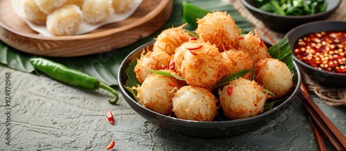 An Indonesian snack called cireng is prepared by frying a mixture of tapioca flour seasoned with garlic salt and pepper shown in a copy space image photo