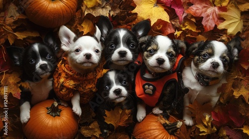 Aerial shot of puppies dressed in adorable Halloween costumes, surrounded by pumpkins and autumn leaves.