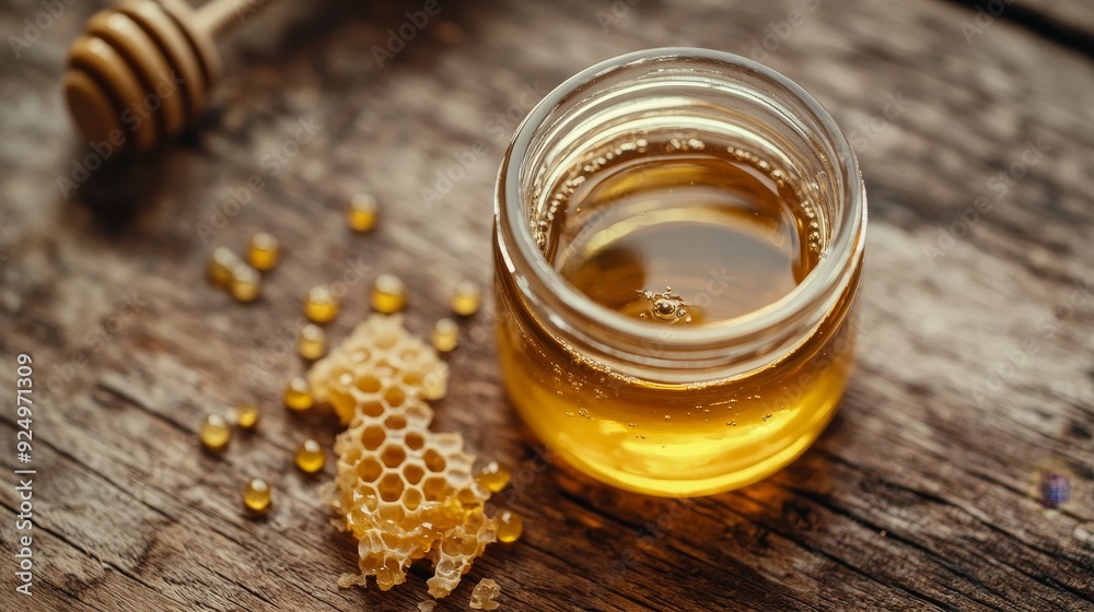 Golden Honey in Jar with Honeycomb and Dipper on Rustic Wooden Background - A jar of golden honey sits on a rustic wooden surface, next to a piece of honeycomb and a honey dipper, symbolizing natural Golden Honey in Jar with Honeycomb and Dipper on Rustic Wooden Background - A jar of golden honey sits on a rustic wooden surface, next to a piece of honeycomb and a honey dipper, symbolizing natural