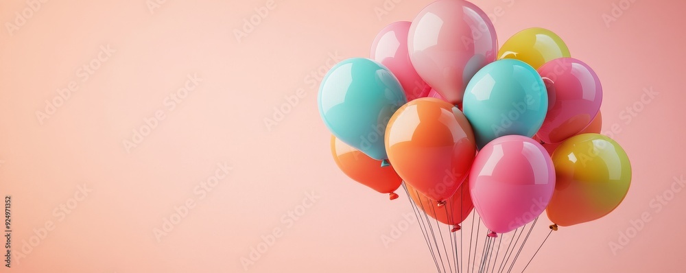 Colorful balloons floating against a soft pink background. Colorful balloons floating against a soft pink background.