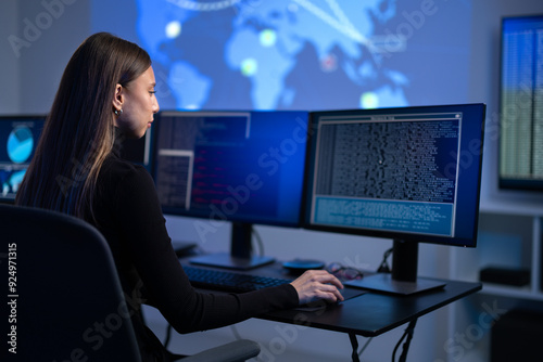 Busy Female IT Consultant in cyber security team working to prevent security threats, vulnerability and solve incidents photo