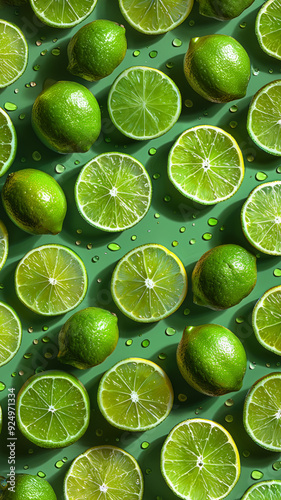 Fresh lime slices with juicy texture and water droplets