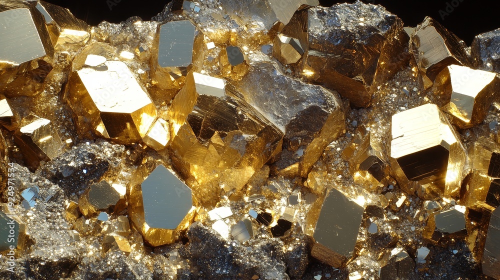 Golden Pyrite Crystals Close-up: Sparkling Treasure of the Earth - A close-up of a cluster of pyrite crystals, showcasing their intricate geometric shapes, metallic sheen, and captivating golden color Golden Pyrite Crystals Close-up: Sparkling Treasure of the Earth - A close-up of a cluster of pyrite crystals, showcasing their intricate geometric shapes, metallic sheen, and captivating golden color