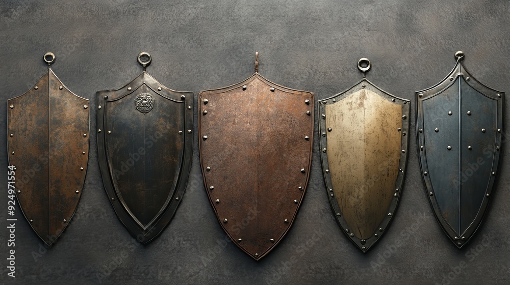 Fototapeta premium Five medieval shields with various finishes hang on a grey background.