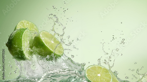 Fresh limes in a water explosion against a light green background
