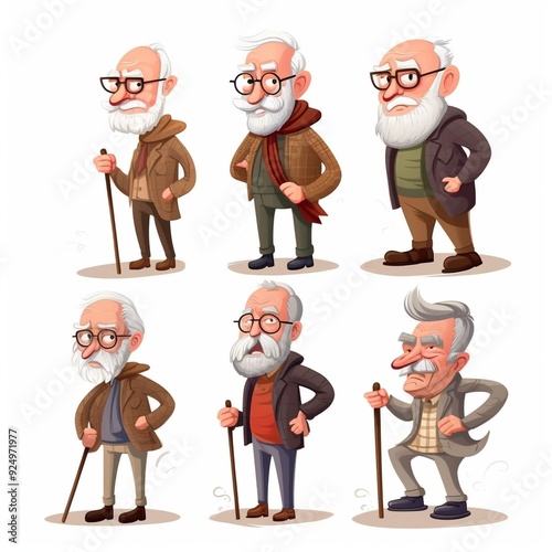 A collection of cartoon-style elderly men standing with canes in various poses and outfits