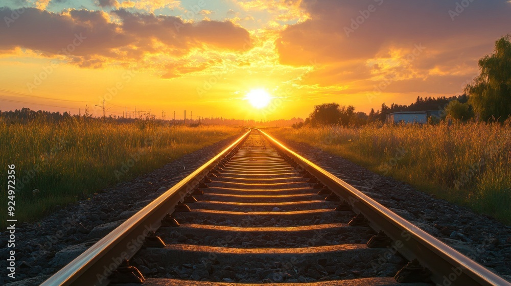 Fototapeta premium Sunset View on Railroad Tracks