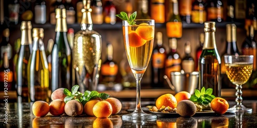 Vibrant apricot-colored cocktail, topped with sparkling wine and garnished with apricot wedges, sits on a dark sleek bar counter amidst rows of elegant glass bottles. photo