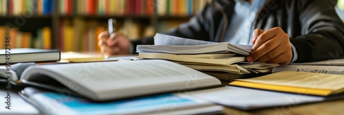 An individual in a library environment, surrounded by open books and notebooks, deeply engaged in reading and writing tasks, signifying hard work.