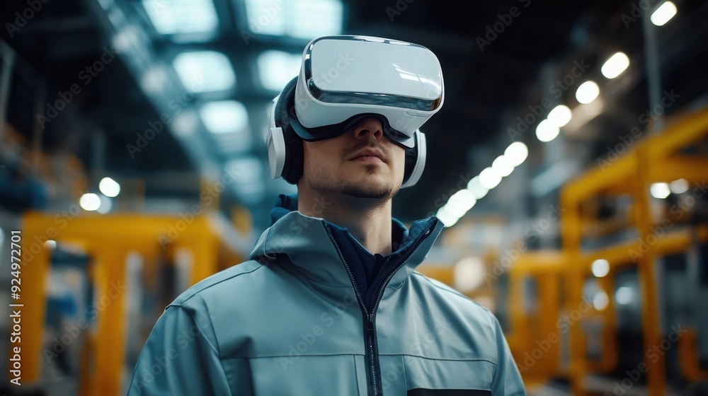 A man in an grey jacket and white helmet is wearing virtual reality glasses while working at the factory A man in an grey jacket and white helmet is wearing virtual reality glasses while working at the factory
