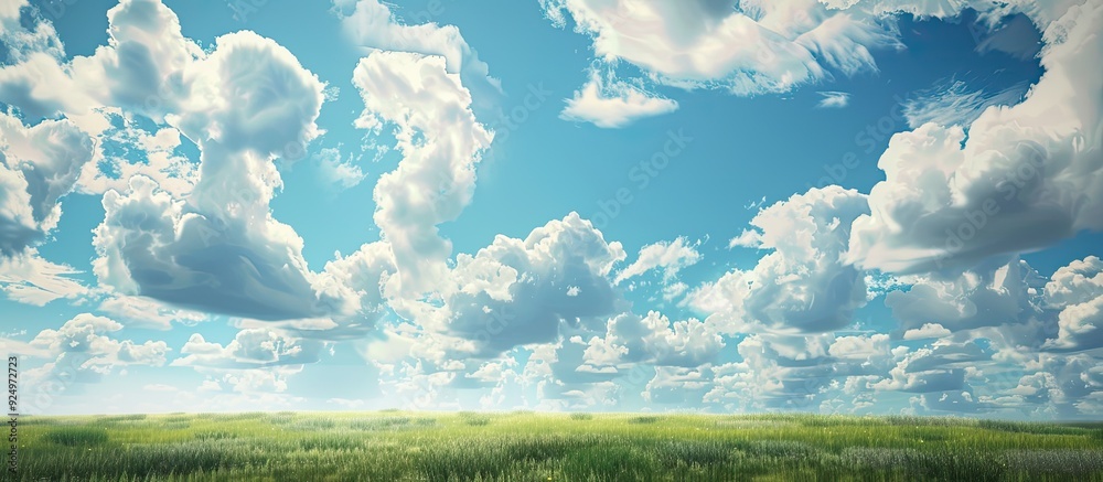 Scenic rural landscape under a clear summer sky with fluffy white clouds providing a picturesque backdrop for a copy space image Scenic rural landscape under a clear summer sky with fluffy white clouds providing a picturesque backdrop for a copy space image
