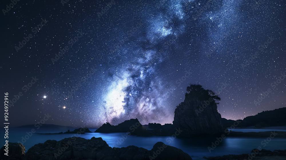 Naklejka premium The night sky is filled with stars and a large, glowing cloud of milk