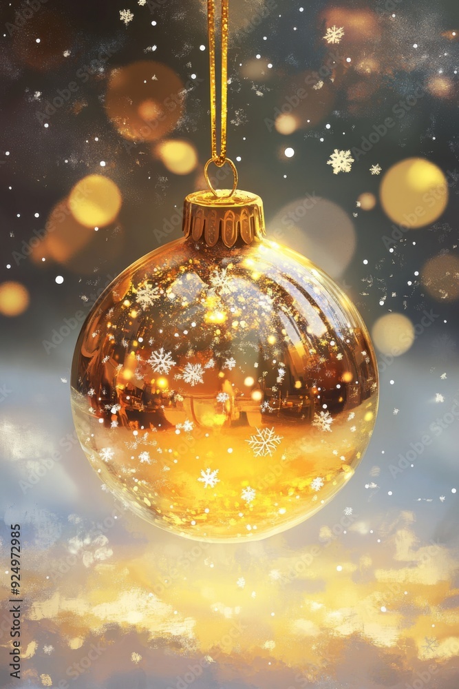 A delicate glass Christmas bauble reflecting a warm golden light, surrounded by a sprinkle of snowflakes 