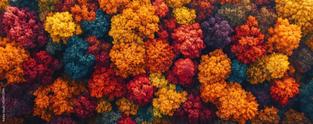 A vibrant overhead view of colorful trees showcasing autumn shades, perfect for nature-themed projects and seasonal designs. A vibrant overhead view of colorful trees showcasing autumn shades, perfect for nature-themed projects and seasonal designs.