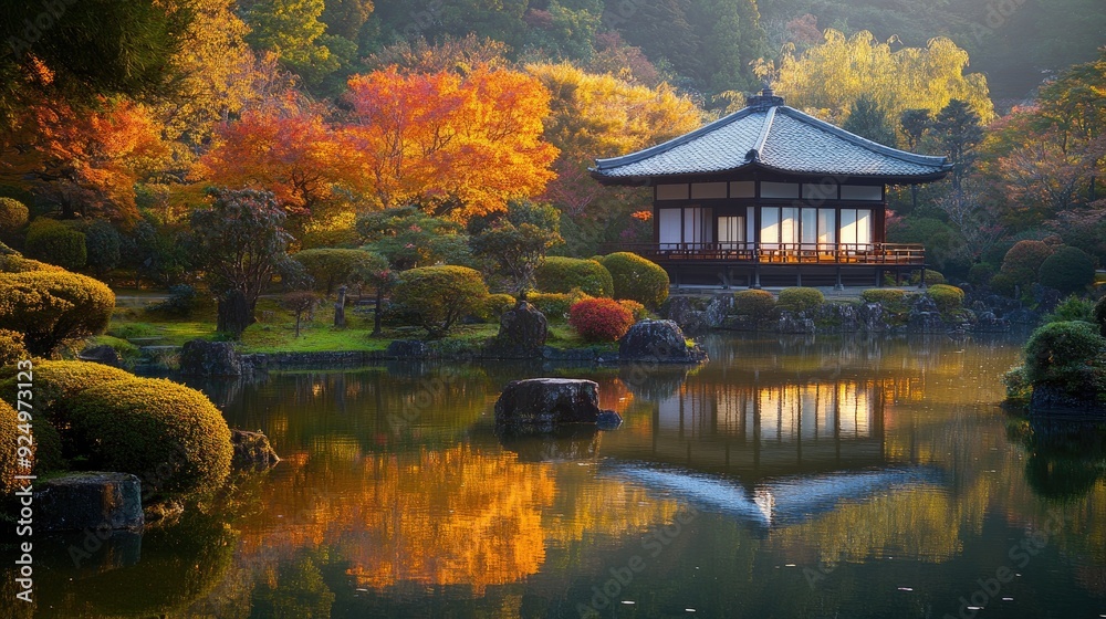 Autumn Splendor: Early morning in Atami Plum Garden, Shizuoka Prefecture. The autumn leaves are bathed in soft, golden light, creating a tranquil scene. Autumn Splendor: Early morning in Atami Plum Garden, Shizuoka Prefecture. The autumn leaves are bathed in soft, golden light, creating a tranquil scene.