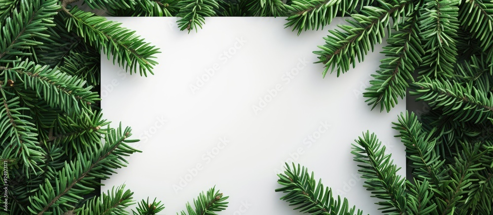 A green Christmas tree branches out from a white cardboard frame representing the holidays and environmental awareness with copy space image A green Christmas tree branches out from a white cardboard frame representing the holidays and environmental awareness with copy space image