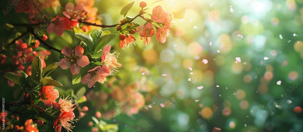 Spring blossoms with vibrant flowers in front of a lush green backdrop in the copy space image Spring blossoms with vibrant flowers in front of a lush green backdrop in the copy space image
