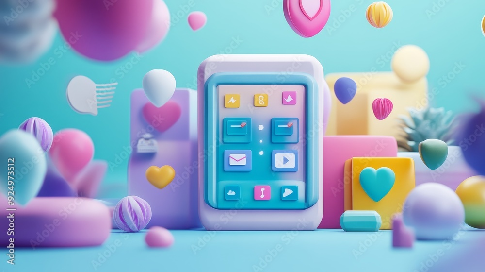 A colorful 3D rendering of a smartphone with various abstract shapes and icons floating around it. A colorful 3D rendering of a smartphone with various abstract shapes and icons floating around it.