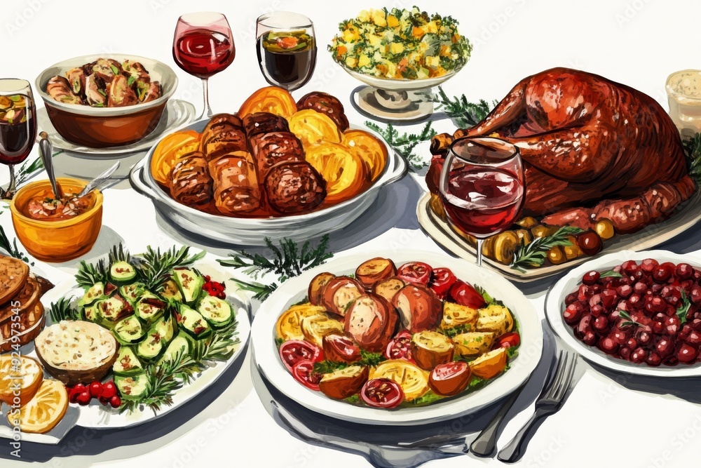 A beautifully set table with a variety of delicious dishes, perfect for a festive holiday gathering. The illustration showcases a warm and inviting atmosphere. A beautifully set table with a variety of delicious dishes, perfect for a festive holiday gathering. The illustration showcases a warm and inviting atmosphere.