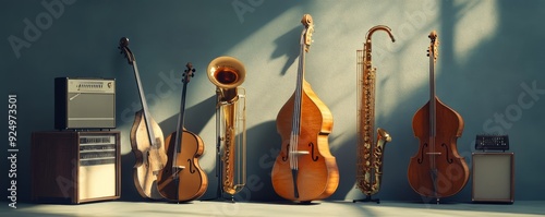 A collection of musical instruments including a double bass, saxophone, violin, and guitar.