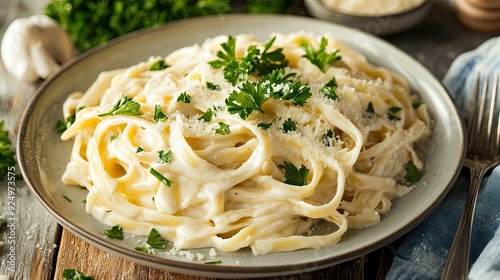 A plate of creamy fettuccine Alfredo, garnished with parsley and Parmesan cheese.