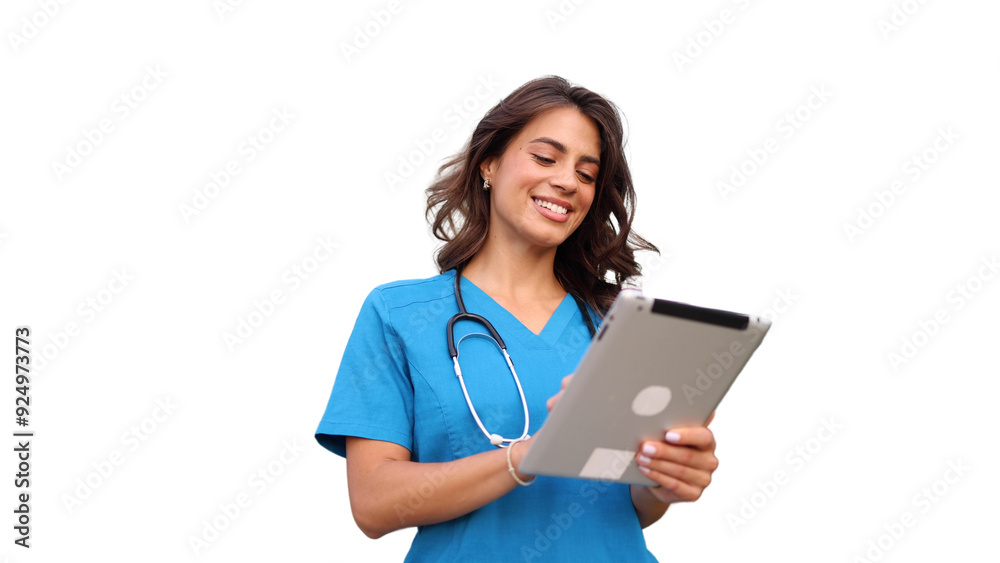 Beautiful doctor using tablet transparent background Beautiful doctor using tablet transparent background