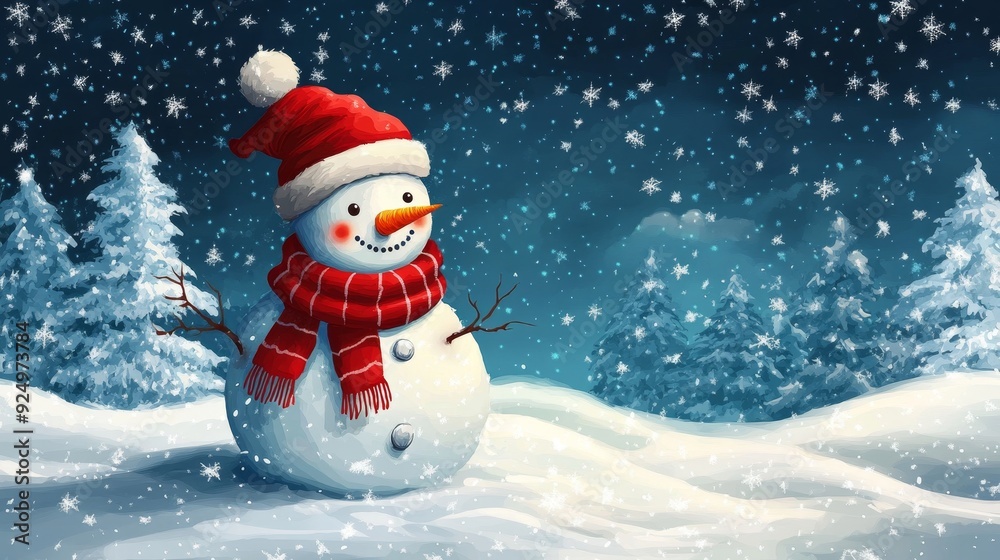 Fototapeta premium Happy Snowman in a Winter Wonderland - A cheerful snowman wearing a red hat and scarf stands in a snowy landscape, surrounded by fir trees and falling snowflakes. The image evokes a sense of joy, wint