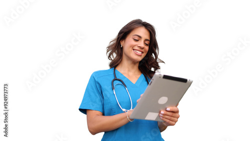 Tapety artystyczne Beautiful doctor using tablet transparent background