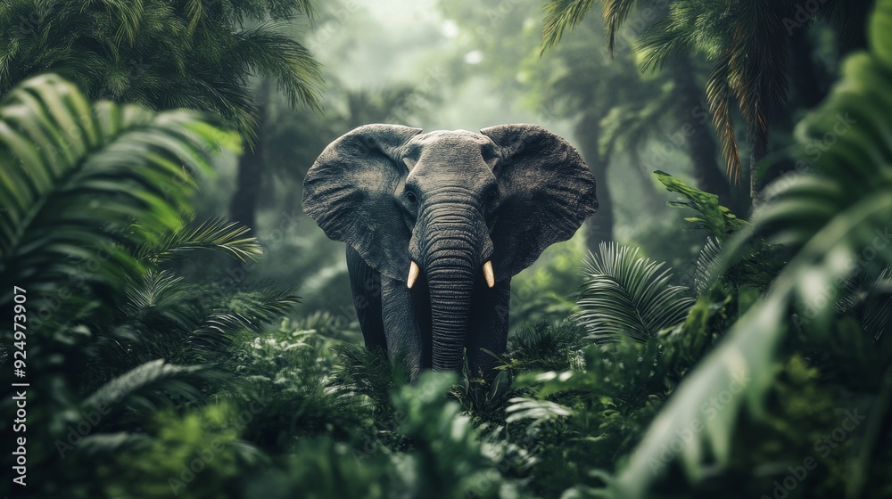 Fototapeta premium A large elephant stands in a lush jungle, its trunk raised and its tusks prominent. The sunlight filters through the dense foliage, casting a dappled light on the scene.