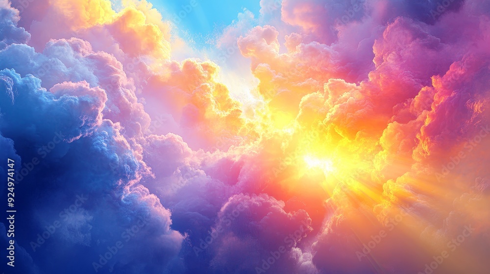 Fototapeta premium Heavenly Cloudscape: A Vibrant Sunset Over the Horizon - This captivating image depicts a breathtaking sunset, illuminating the sky with vibrant hues of orange, pink, and yellow. Fluffy clouds, painte