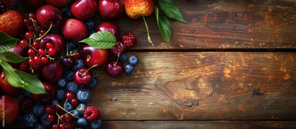 Fresh ripe cherries with leaves on a textured wooden backdrop a sweet organic cherry pile alongside other berries and fruits creating a vegan healthy eating option with room for text in the copy space Fresh ripe cherries with leaves on a textured wooden backdrop a sweet organic cherry pile alongside other berries and fruits creating a vegan healthy eating option with room for text in the copy space
