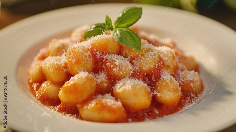 A serving of classic Italian gnocchi with tomato and basil sauce, garnished with Parmesan. A serving of classic Italian gnocchi with tomato and basil sauce, garnished with Parmesan.
