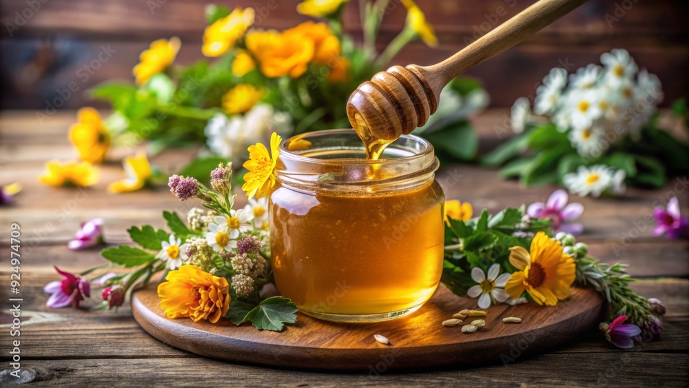 Golden honey overflowing from a rustic wooden spoon, resting on top of a glass jar with a dark lid, surrounded by fresh flowers and greenery. Golden honey overflowing from a rustic wooden spoon, resting on top of a glass jar with a dark lid, surrounded by fresh flowers and greenery.
