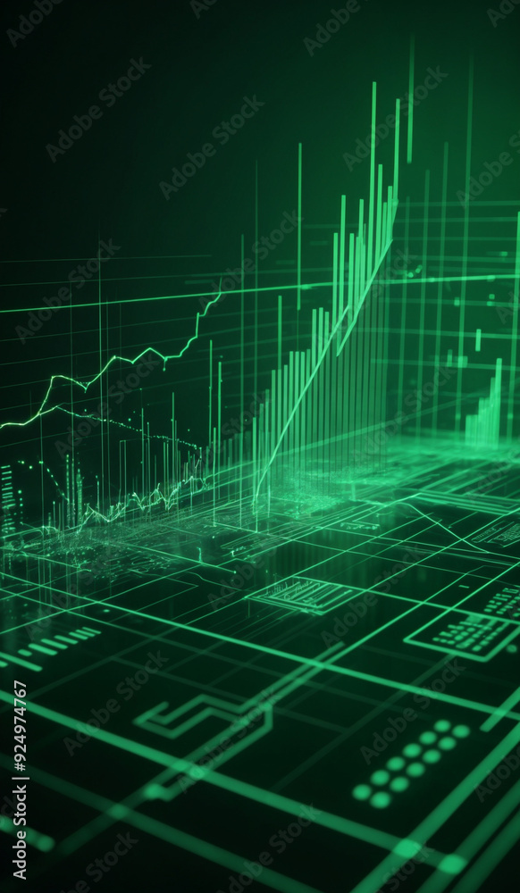 Naklejka premium Green holographic business chart in a digital cyberspace