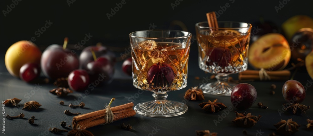 Close up of homemade plum liqueur with aromatic spices in crystal glassware on a black backdrop featuring cinnamon and anise with copy space image Close up of homemade plum liqueur with aromatic spices in crystal glassware on a black backdrop featuring cinnamon and anise with copy space image