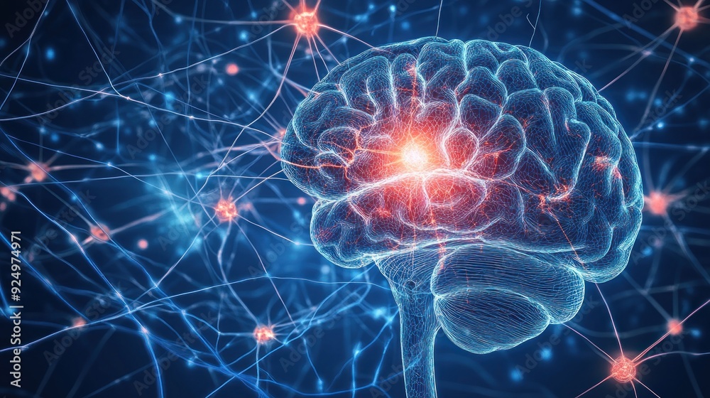 Human Brain 3D Illustration with Network of Neurons - Neural Activity, Cognitive Function, and Brain Health. Human Brain 3D Illustration with Network of Neurons - Neural Activity, Cognitive Function, and Brain Health.