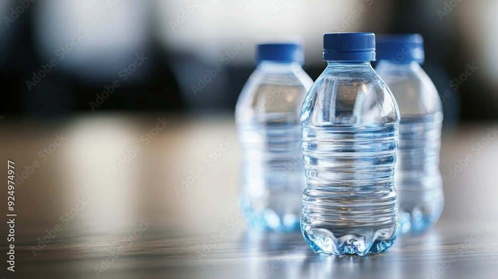 plastic bottles with water on the table, close-up, copy space for text plastic bottles with water on the table, close-up, copy space for text