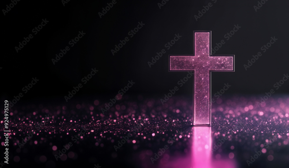 Obraz premium Pink holographic glowing Christian cross with copy space.