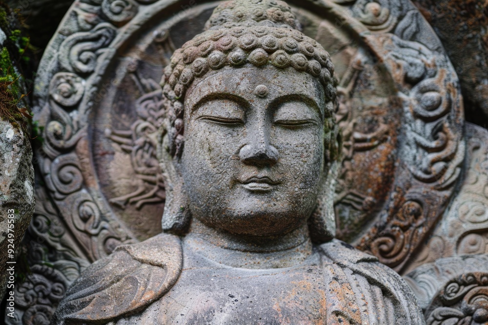 Ancient stone buddha statue meditating peacefully with eyes closed, surrounded by intricate carvings Ancient stone buddha statue meditating peacefully with eyes closed, surrounded by intricate carvings