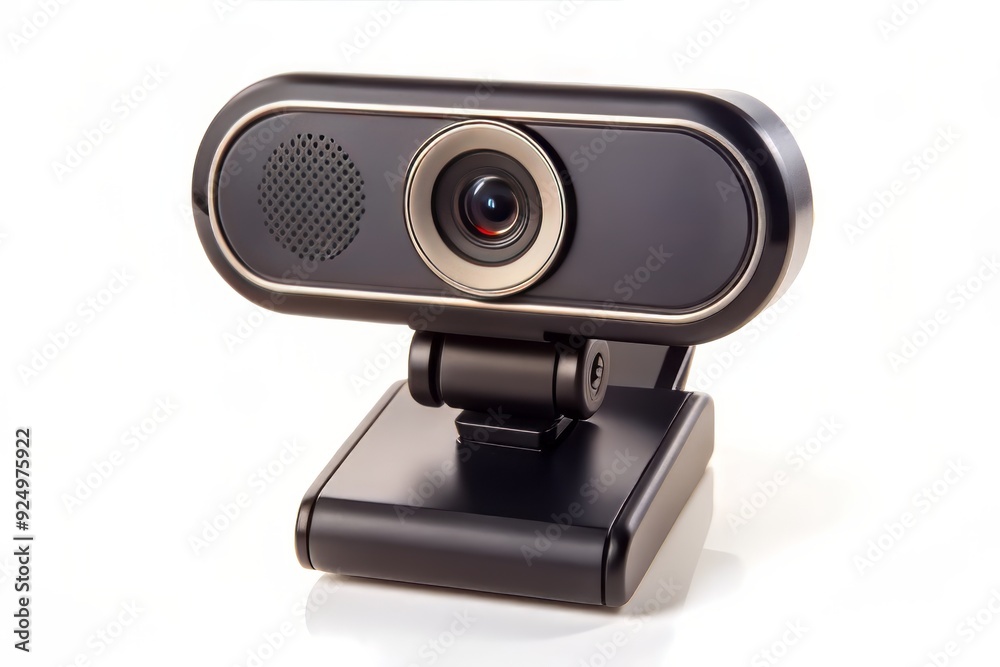High-angle view of a sleek black webcam isolated on a pure white background, highlighting its modern design and compact size for online interactions. High-angle view of a sleek black webcam isolated on a pure white background, highlighting its modern design and compact size for online interactions.
