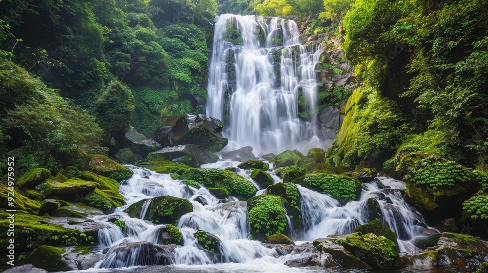 Fototapeta premium Lush Green Waterfall in a Tropical Rainforest