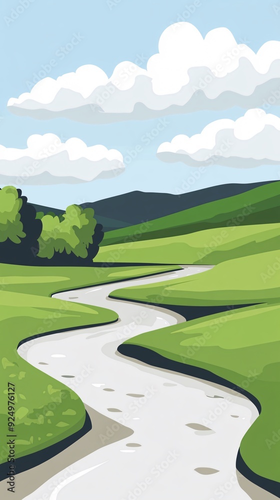 A winding river flows through a picturesque valley with lush green hills and a blue sky dotted with white clouds. A winding river flows through a picturesque valley with lush green hills and a blue sky dotted with white clouds.