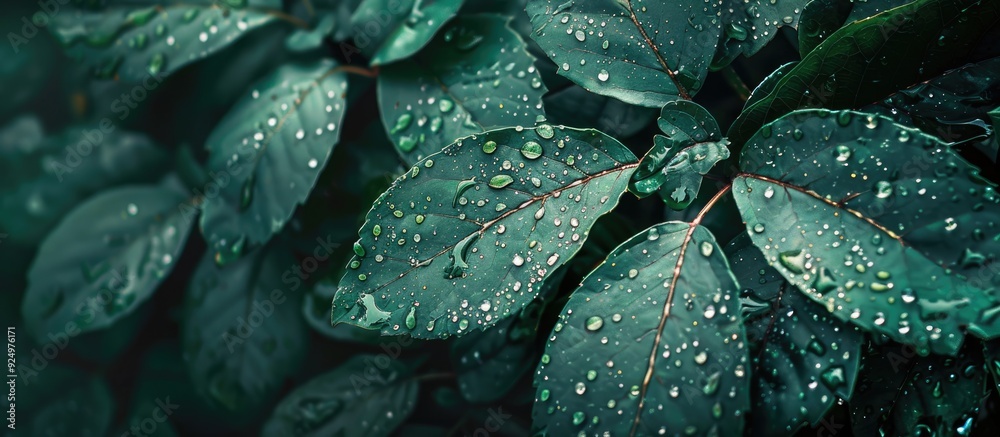Obraz premium Rain soaked leaves with copy space image