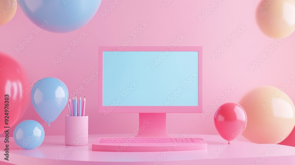 Pink computer monitor with blank screen on pink table with balloons. Pink computer monitor with blank screen on pink table with balloons.