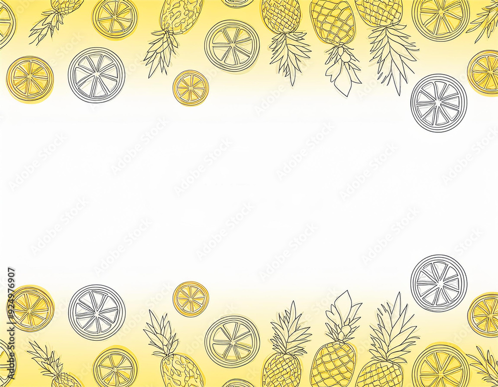 Fototapeta premium Owocowe tło z ananasami i cytrusami. Rysunek, obramowanie