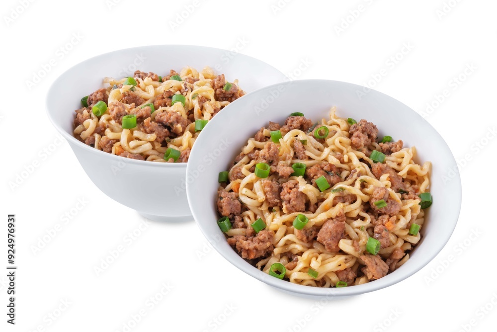 Ground meat spicy ramen noodles in a bowl on a white isolated background Ground meat spicy ramen noodles in a bowl on a white isolated background