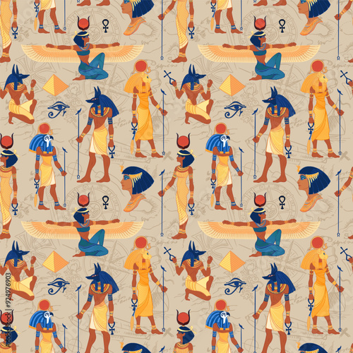 Ancient Egypt. Vintage seamless pattern with Egyptian gods and symbols. Retro hand drawn vector repeating illustration. Ra, Isis, Anubis, Sekhtmet, Cleopatra, pyramid.