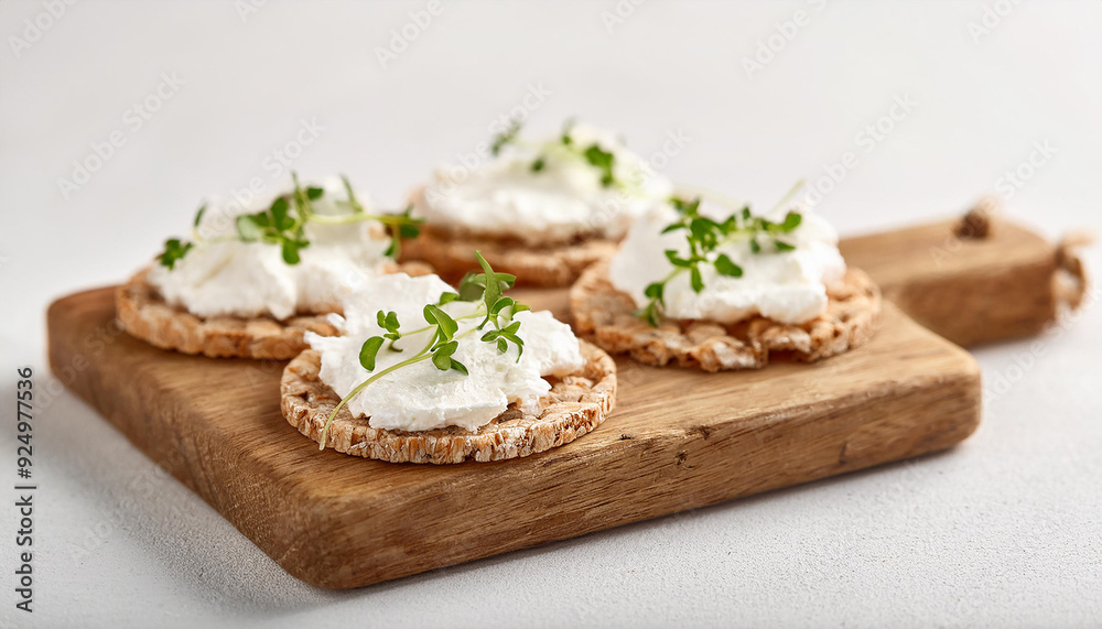 Crispbread with cream cheese and herbs on wooden board, light background. Tasty and healthy snack Crispbread with cream cheese and herbs on wooden board, light background. Tasty and healthy snack